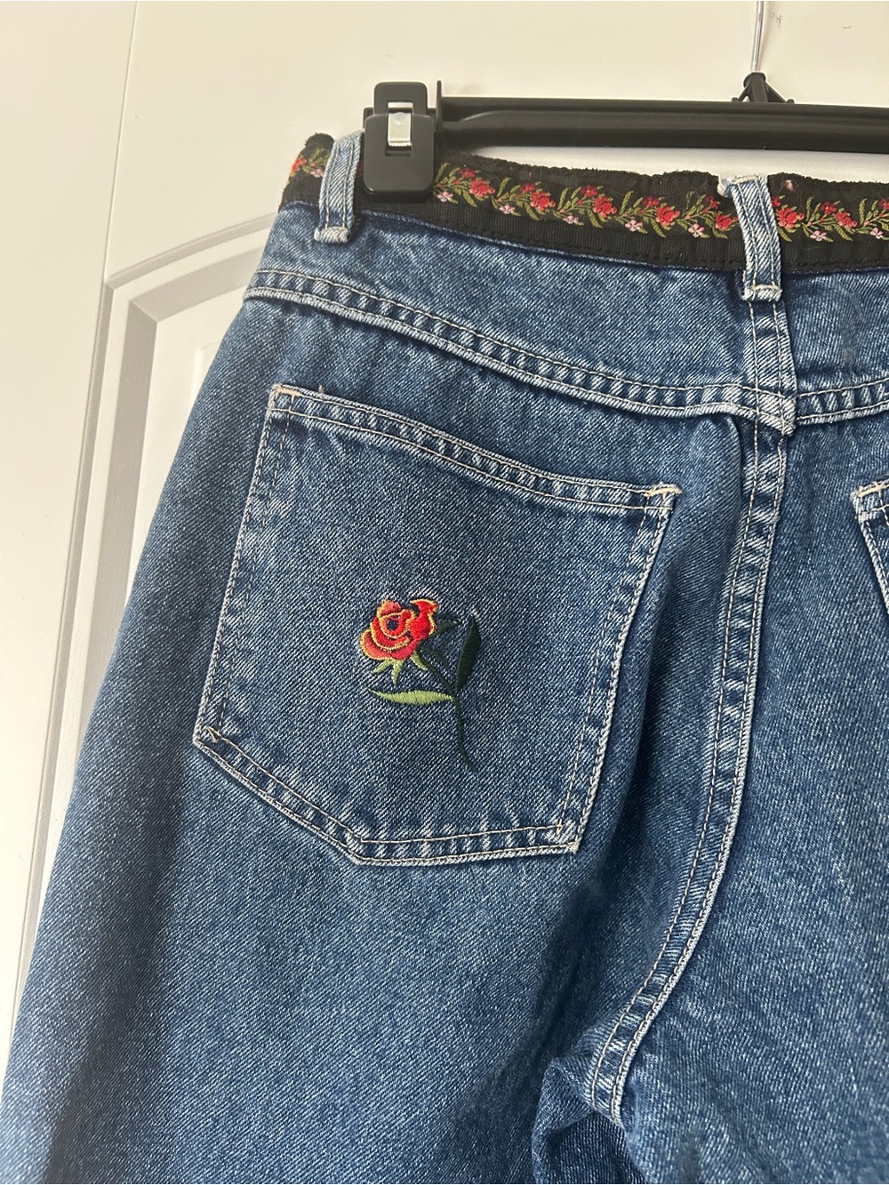 Blue Denim Straight Leg Jeans with Red Rose Embroidery